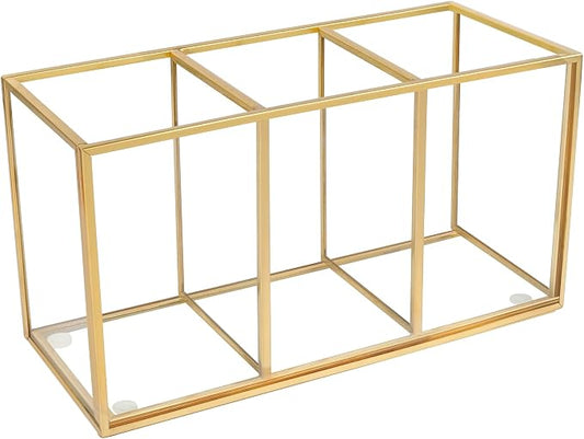 Pencil Holder for Desk,Tempered Glass Pen Holder,3&4 Compartments,Desktop Storage Organizer for Office Supplies,School Supplies,Pens,Markers,Pencils,Scissors,Paperclips (Gold, 3 compartments)