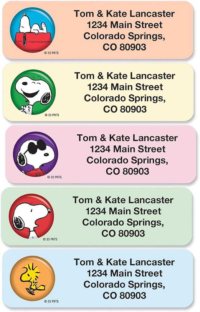 Colorful Images Peanuts Return Address Labels | Snoopy, 250 Count, Self-Adhesive (Dispenser/ Wiout Dispenser) , Customize with Name & Shipping Address