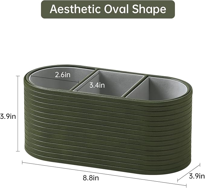 PU Leather Remote Control Holder, Modern Oval Pen Holder for Desk, 3-Compartment Desk Caddy for Remotes, Glasses, Pens, Small Desk Organizer for Nightstand, Coffee Table, Office (Olive Green)