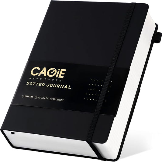 CAGIE Bullet Dotted Journal Notebook 320 Pages 100 GSM Paper Hardcover B5 Dot Grid Notebook Leather Journals for Writing Women Men Work Journaling, Black