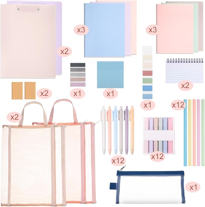 Colarr 54 Pcs Aesthetic College School Supplies Back to School Set,Macaron | 3 A5 + 3 B5 Lined Notebook, 12 Gel Pen, 12 Pencil, 12 Highlighter, Sticky Tabs, Folder Storage Bag, Journal Stationery Set