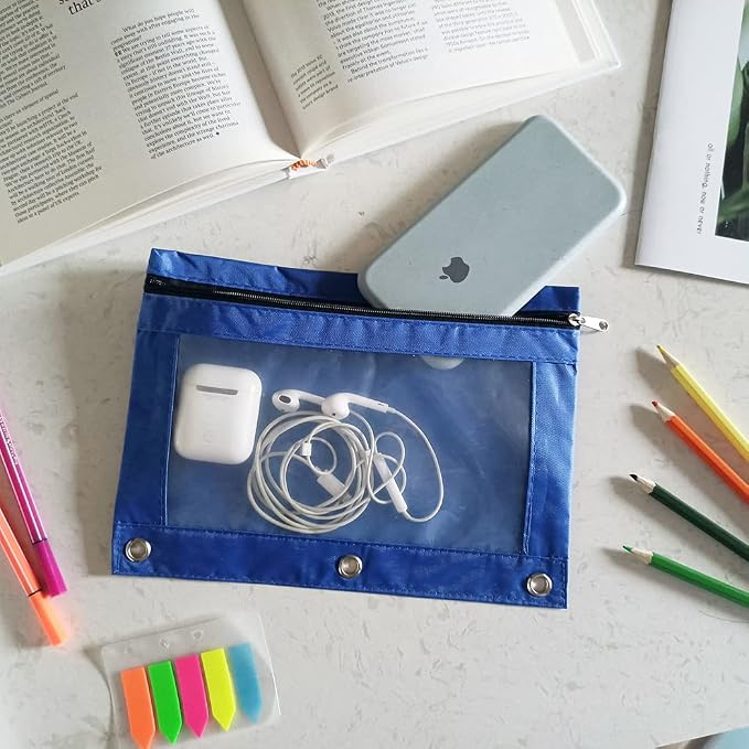 YoeeJob Binder Pouches for 3 Ring Binder, Pencil Pouch Pen Holder Case with Clear Window, Zipper Stationery Bag for School Class Office,24 Pack, Blue
