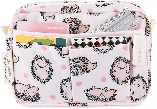 E-WEICHEN Multiple Pockets Portfolio Organizer with Zippered, Makeup Bag Travel Essentials for Women, Simple Waterproof Stationery Pencil Pouch Bag for Journal Office Art Supplies.Pink Hedgehog