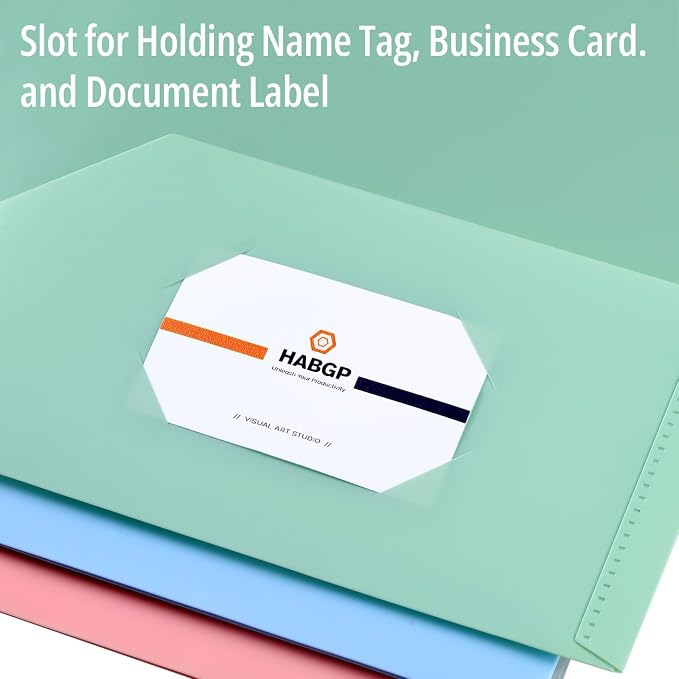 HABGP 12 Pack Colored File Folders with Pockets and Business Card Holder, Pastel Decorative Pocket Folders for Documents, Cute Plastic Folders for Filing Cabinet, School, Office, Resume Portfolio