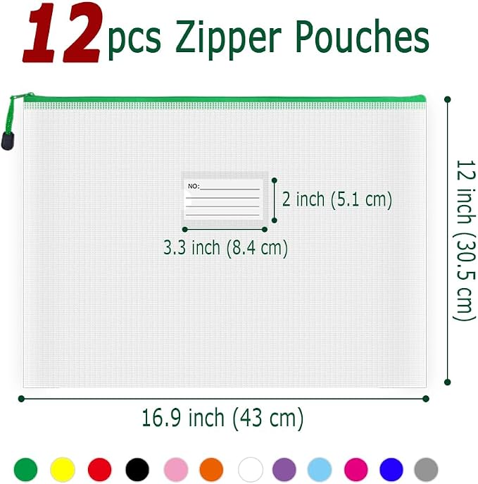 Plastic Mesh Zipper Pouch, 12Pcs Zipper File Bags with Label Pocket, A3 Size 16.9x12in, White