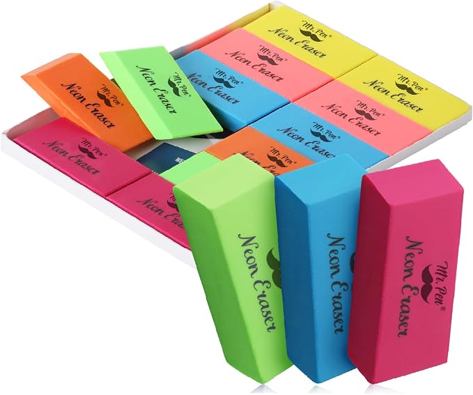Mr. Pen- Pencil Eraser, 12 Pack, Neon Colors | Large Latex Free Block Erasers for School, Office, Art Sketching, Homework, Exams, Clean Smudge-Free Correction