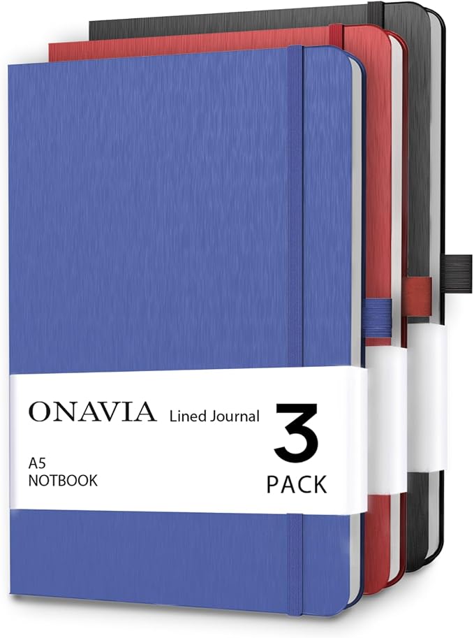 ONAVIA A5 Notebooks for Work, Lined Journal, 3 Pack, 160 Pages, Assorted | 80 Sheets, 5.8 x 8.3 in, Lay Flat, College Ruled, A5 Hardcover Journal, Lined Notebook for Work, School, Note Taking