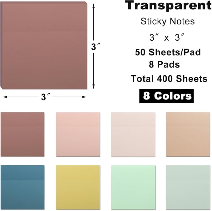 400 Sheets Transparent Sticky Notes 3x3 in, 8 Pastel Clear Sticky Note | Translucent See Through Self-Stick Note for Annotation Book College School and Office Supplies