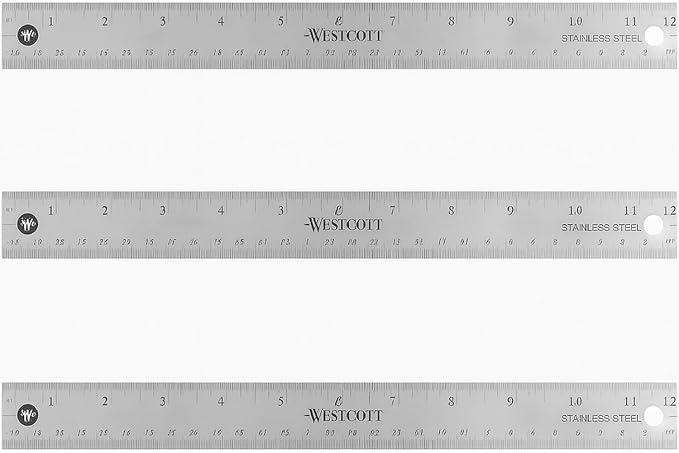 Westcott Stainless Steel Ruler Set with Non-Slip Cork Backing, Easy to Read Etched Markings, Flexible and Sturdy Design, for Crafting, Office, Classroom, Back to School Supplies, 12-Inch, 3 Pack