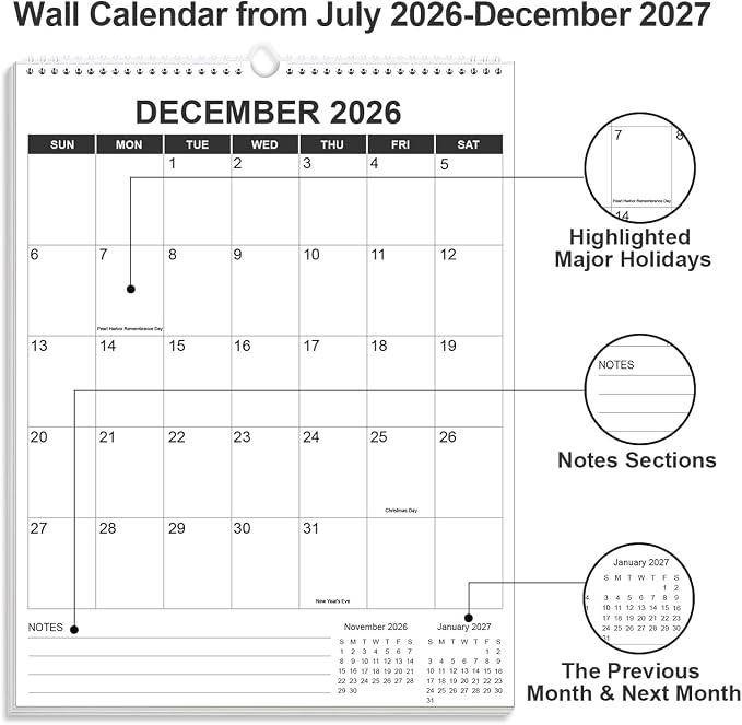 2026-2027 Wall Calendar - Runs from July 2026 until December 2027, Hanging Wall Calendar 2026-2027 for Easy Organizing, Vertical Calendar, 8.5" x 11", Black