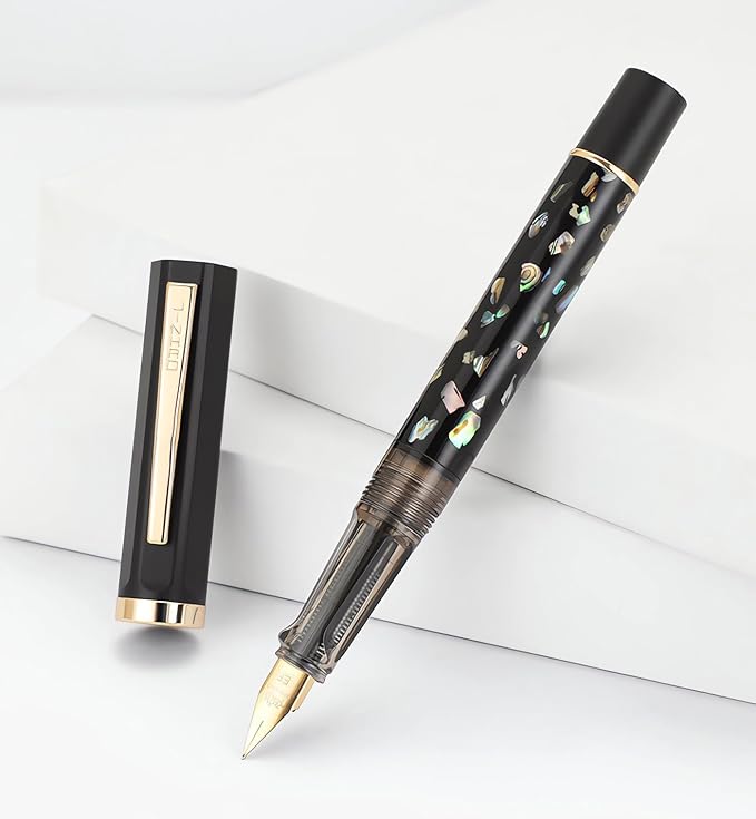 Jinhao 58 Fountain Pen - Natural Sea Shell Inlay Extra Fine Nib Writing Pen with 3.4mm Ink Converter & Silver Metal Gift Box,Matte Black