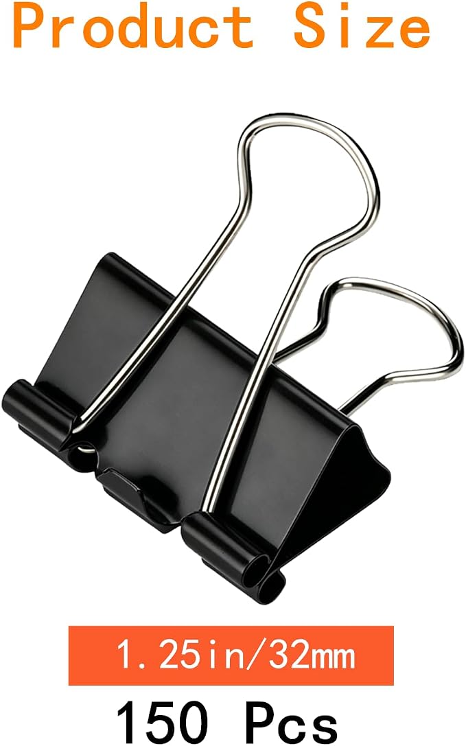 Black Medium Binder Clips,150 Pcs Medium Paper Clamps Clips 32mm/1.25 inch for for Home School Office Supplies