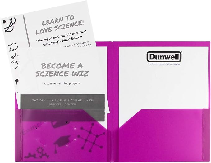 Dunwell Plastic 2-Pocket Folders (6 Pack, Assorted Colors), 8.5x11 Document Folders for School and Office, Heavy Duty Poly, Long Lasting, Includes Labels