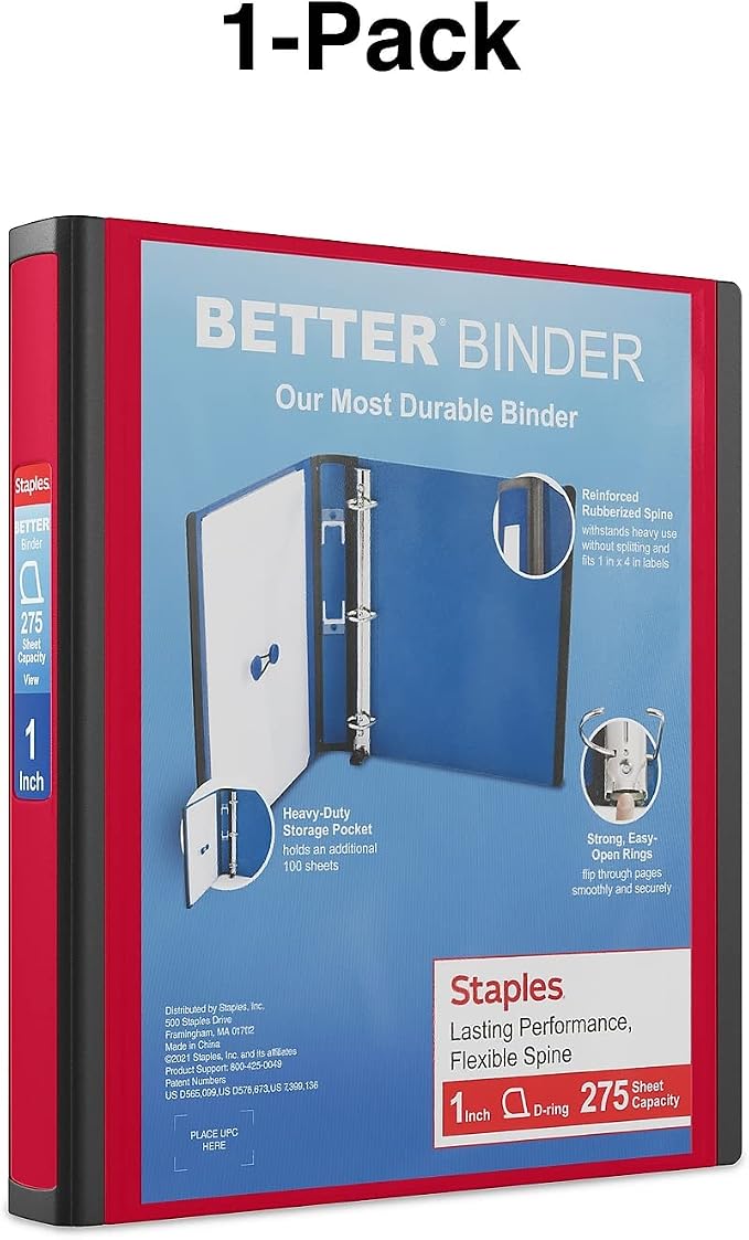 Staples 1-Inch 3-Ring Better Binder, Durable View Binder for Office & School Organization, Red, 3-Pack