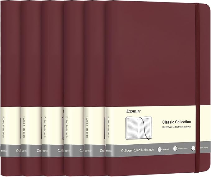 Comix 6 Pack Lined Journal Notebooks, 240 Pages, 5.5 x 8.3 inch, Burgundy, A5 Medium Hardcover Notebooks, Classic College Ruled Notebooks for Writing