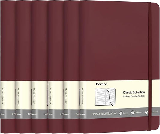 Comix 6 Pack Lined Journal Notebooks, 240 Pages, 5.5 x 8.3 inch, Burgundy, A5 Medium Hardcover Notebooks, Classic College Ruled Notebooks for Writing