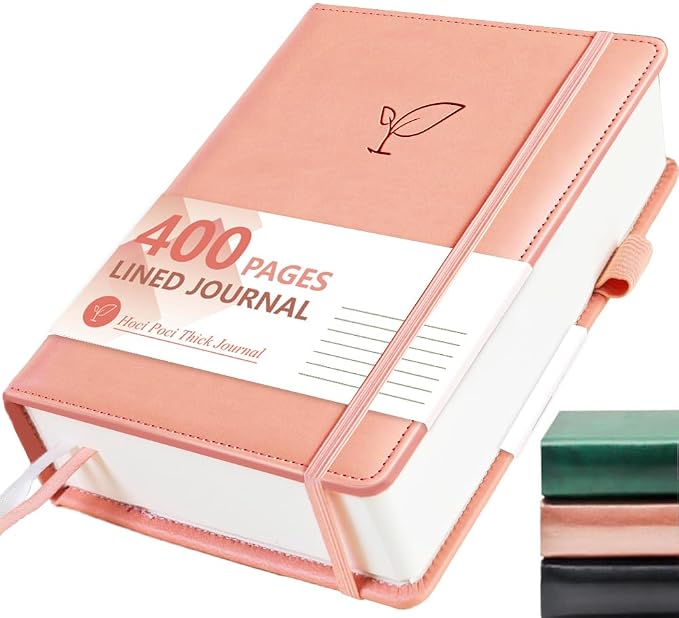 Hoci Poci 400 Pages Lined Journal Notebook, 5.8" x 8.4", Pink | Thick Journal for Writing, A5 Hardcover Leather Notebook with 100Gsm College Ruled Paper for Women Men Work Note taking