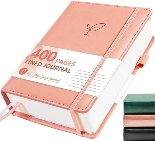 Hoci Poci 400 Pages Lined Journal Notebook, 5.8" x 8.4", Pink | Thick Journal for Writing, A5 Hardcover Leather Notebook with 100Gsm College Ruled Paper for Women Men Work Note taking