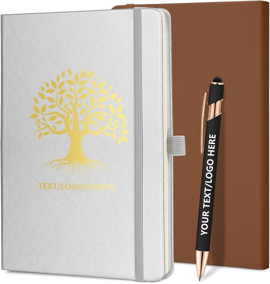 ENOMY Personalized Notebook 10 PC Pens Custom Notebook with Pen Holder Personalized Journal Strap Design for Men Women Ideal Gift, Silver