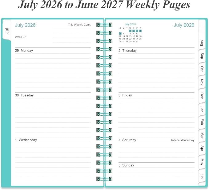 2026-2027 Pocket Planner/Calendar - 2026-2027 Planner from July 2026 - June 2027, Planner 26-27 with 12 Tabs, Twin-Wire Binding, Inner Pocket, 3.75" x 6.75, Teal