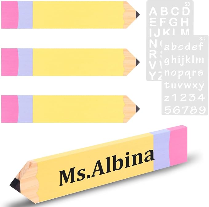 6 Pieces 9.8 x 2'' Pencil Teacher Name Plates Set Includes 4 PCS of Pencil Name Sign and 2 PCS of English Letter Template, Personalized Pencils Name Plate, Teacher Desk Name Plate for Desk Decor