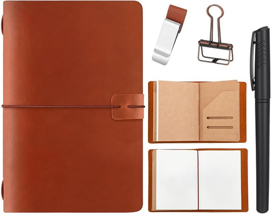 Thenshop Travelers Refillable Leather Journal Notebook Travel Diary Handmade Passport Travelers Journal for Men and Women with 3 Notebook Inserts, Pen Holder, Binder Clip(Brown,A5 Size)