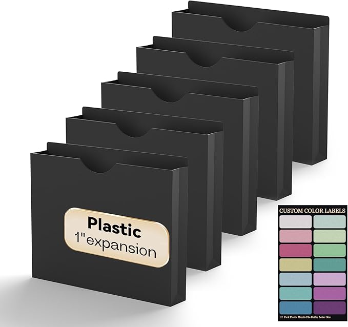 Plastic 1 Inch File Jackets Letter Size,Black Expansion Pocket | 12 Pack Reinforced Manilla Pocket Folders,Poly Expandable File Jacket for Documents,Heavy Duty Files with Straight Cut Tabs