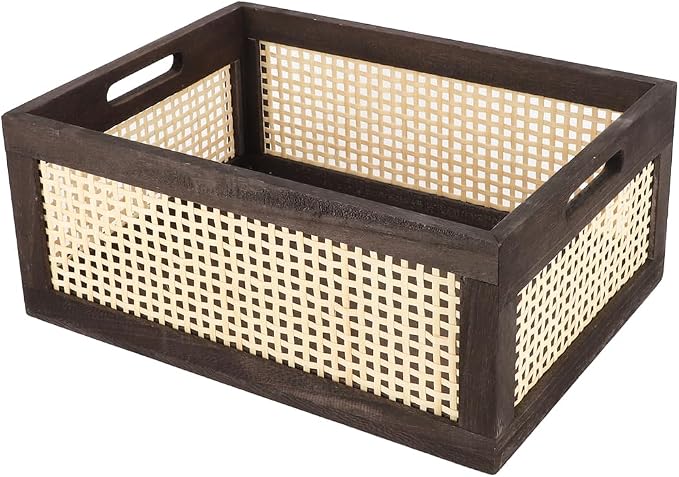 Desktop Storage Basket, Sundry Office Drawer Storage Box, Wood Frame Storage Basket. (Brown-Large)