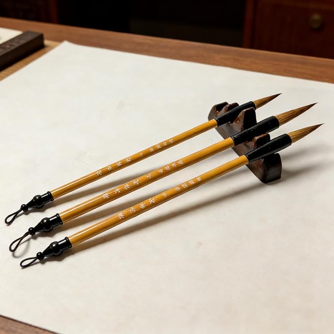 3 Sizes Chinese Calligraphy Brush Set, Chinese Writing Brushes, Wooden Ink Watercolor Painting Brushes Traditional Art Sumi Brush Wolf Hair (Large, Medium, Small)