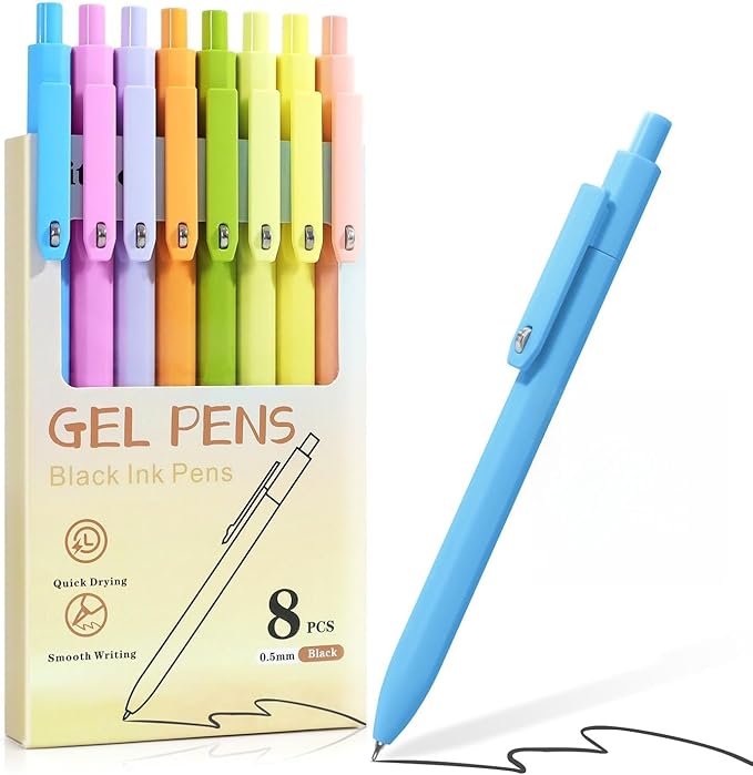Vitoler Cute Gel Pens, 8 Pack 0.5mm Fine Point Pens with Fidget Quick Dry | For Women, For Teachers, For Nurses, Smooth Writing, Liquid Ink, For Badge, Black ink, Felt Tip, Medium Point, For Journaling