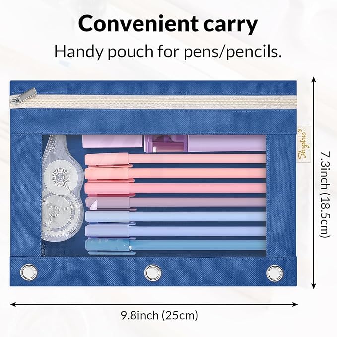 SKYDUE Pencil Pouch for 3 Ring Binder, Zipper Pencil Pouches for Girls Boys, Clear Window Pencil Bag, 3 Ring Pencil Pouch Case for Binder, Durable Organizer for School Supplies