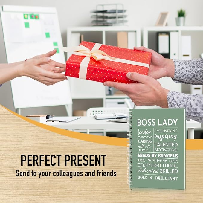 Boss Lady 160 Blank Pages Green Hardcover Spiral Notebook, New Business Owner Gifts Women Boss Gifts for Boss Female, Appreciation Gifts for Women Entrepreneurs, Boss Day Women's Day Gifts