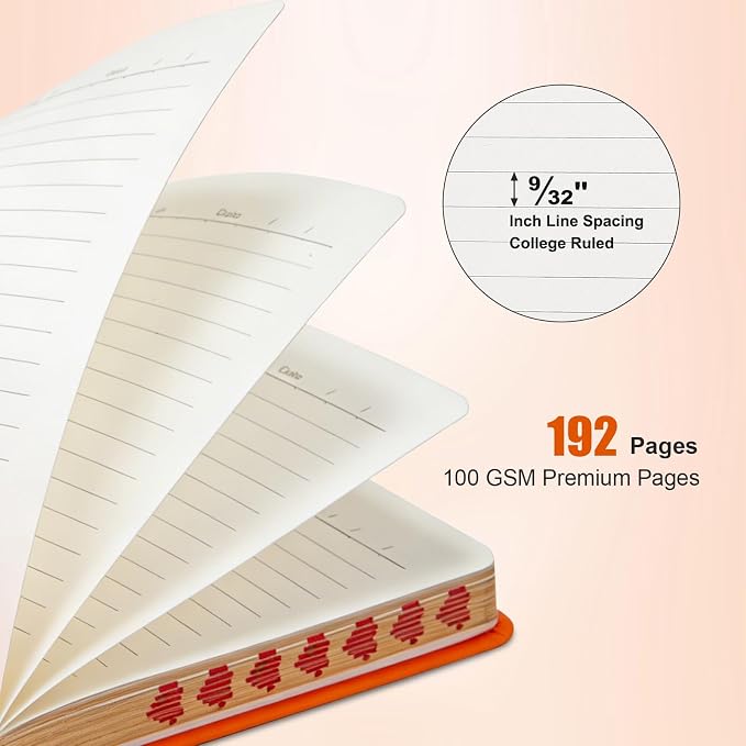 Comix Pretty Lined Journal for Women, 5.5" x 8.3" Hardcover Leather Journal for Writing & Note Taking, A5 Cute Notebook for Office School Home, 192 Pages,100 GSGM Paper, Orange, Heart Motif