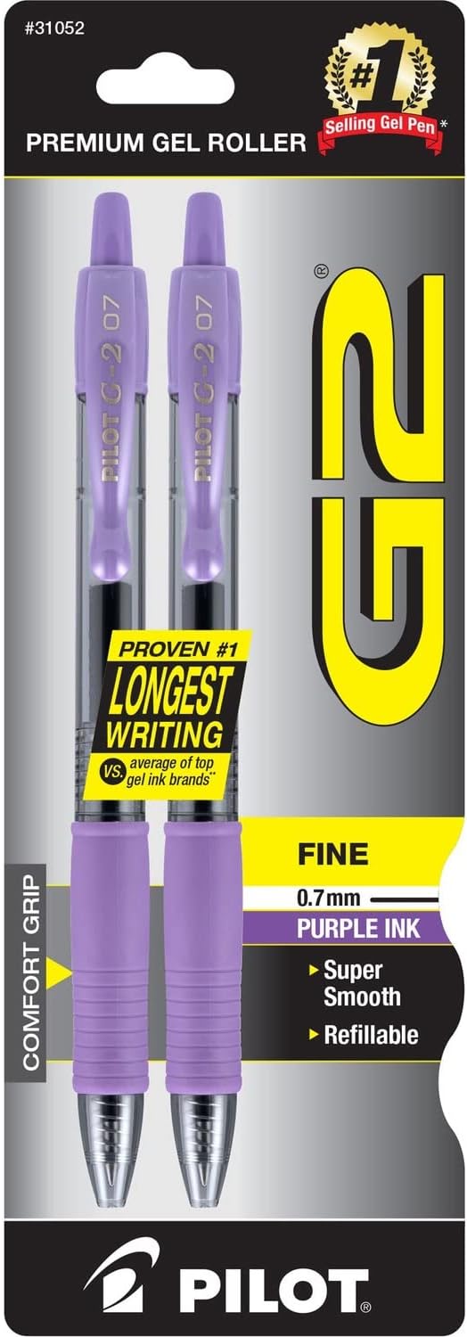 Pilot, G2 Premium Gel Roller Pens, Fine Point 0.7 mm, Purple, Pack of 2