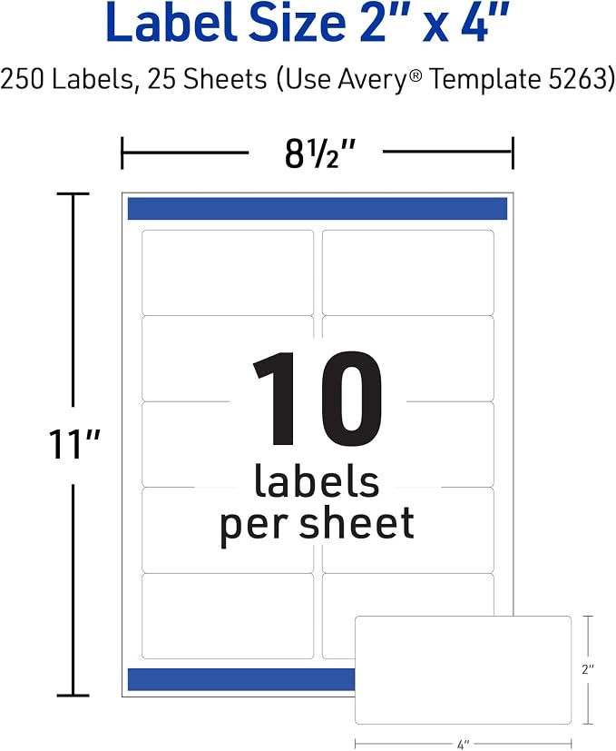 Avery Printable Shipping Labels with Sure Feed, 2" x 4" Customizable Stickers, White, 250 Blank Mailing Labels, Great for Mailing, Shipping, and More (5263)