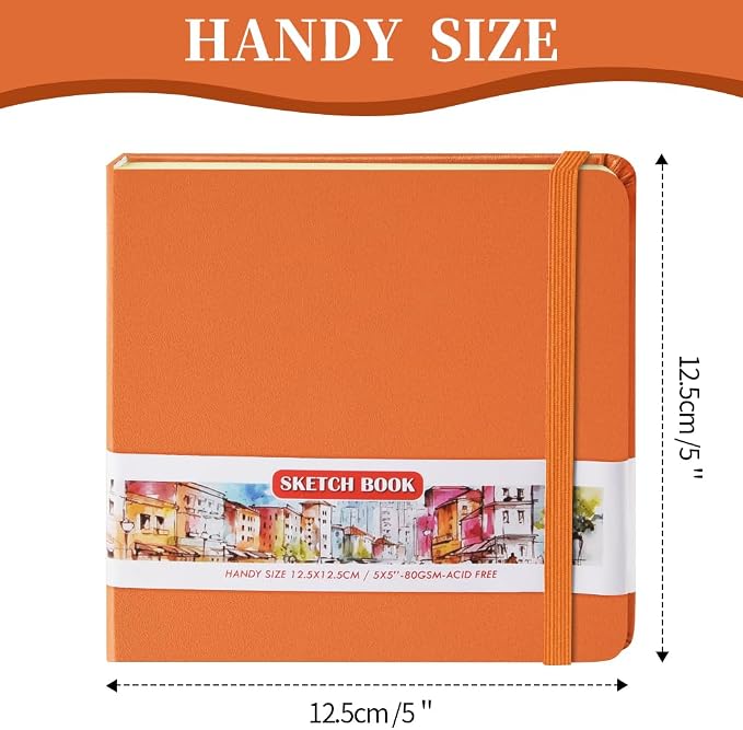 5x5" Pocket Sketch Book,80gsm Hardcover Art Sketchbook for Drawing Journal | PU Cover,Blank Paper,96Sheets/192Pages,Lay-Flat,Portable Travel Creation Paint Diary Memo Planner,Dry Media.Orange