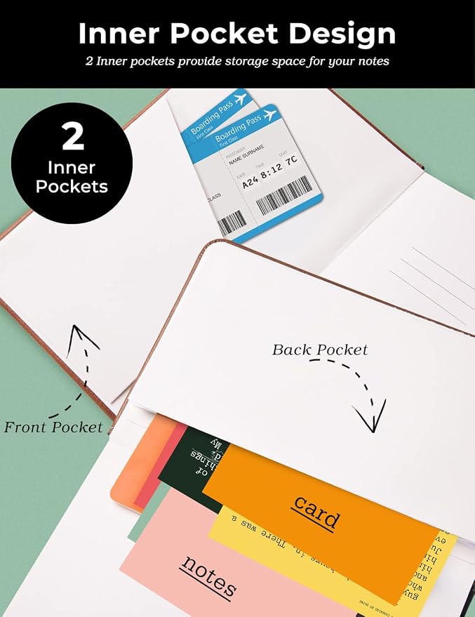 AISBUGUR Pocket Notebook Small Notebook 2-Pack, 3.7" x 5.7" Pocket Notebooks Hardcover with Thick Lined Paper, Inner Pockets, Cover Letter Embossing Design Mini Journal Notepad Brown Leather