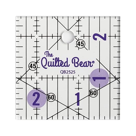 The Quilted Bear Square Quilting Ruler, Transparent Acrylic, 2.5" x 2.5" | Non-Slip, Precise Bold Lines, 30, 45 & 60 Degree Angles, 3mm Thick Transparent Acrylic, for Quilt Blocks, Sewing & Craft