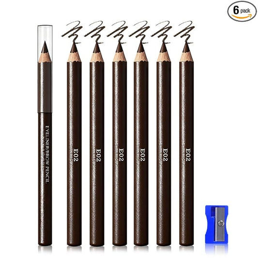 6Pcs Dark Brown Eyebrow Pencils for Women, Wooden Hard-Core Eyebrow and Eyeliner Pencil, Long Lasting Waterproof and Sweat-Proof, Beginner Makeup Brow Pencil With Pencil Sharpener (Dark Brown, 6Pcs)