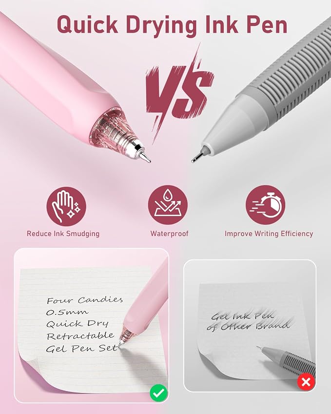 Four Candies Writing Ink Pens with Black & Pink Ink and 2Pack Highlighter, Cute Retractable 0.5mm Smooth Writing Pens,Pink Pens for School, Office Girly Stationery Aesthetic Desk Accessories Set of 14