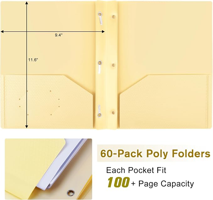 60-Pack Plastic andPockets and Prongs,2-Pocket and3 Fasteners, Holds 8-1/2" x 11" Paper for School/Office/Home, Pastel Color