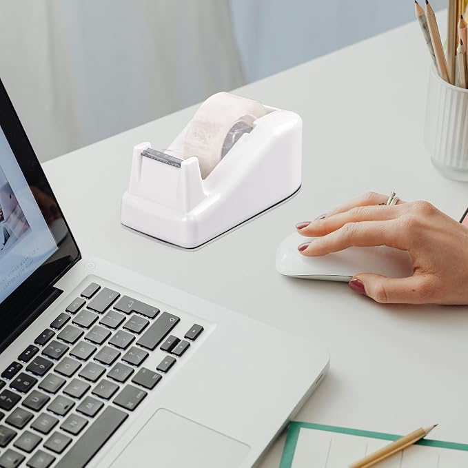 Desktop Tape Dispenser White with Weighted Nonskid Base - Includes 6 Rolls of Transparent Tape (0.71 Inch x 1000 inches Each)