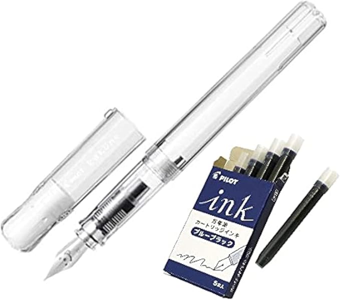 Kakuno Fountain Pen Extra Fine Print Clear Body Ink FKA1SRNCEF with 5 Blue Black Refill and Kanji Love Sticker