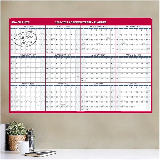 2026-2027 AT-A-GLANCE 48" x 32" Academic Yearly Wet-Erase Wall Calendar, Reversible, White/Red (PM36AP-28-27)