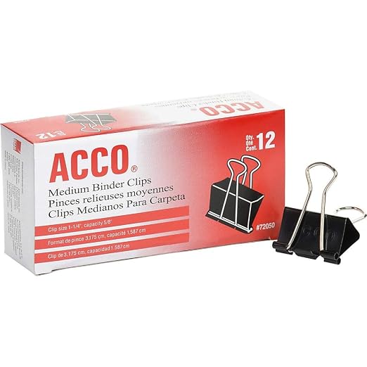 Acco 72050 Medium Binder Clips, 1-1/4-Inch W, 5/8-Inch Cap, Blk/Silver, Sold as 1 Dozen