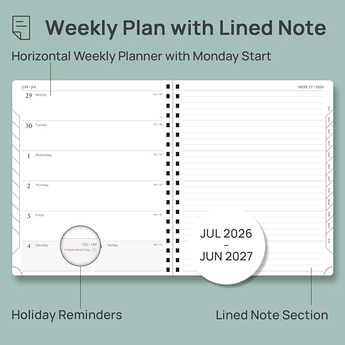 POPRUN Weekly Planner 2026-2027 (July 26-June 27), Large-8.5" x 10.5", Academic Agenda 2026-2027 Calendar Notebook Planner for School, College, Spiral Leather Softcover, 100GSM - Cerulean Blue