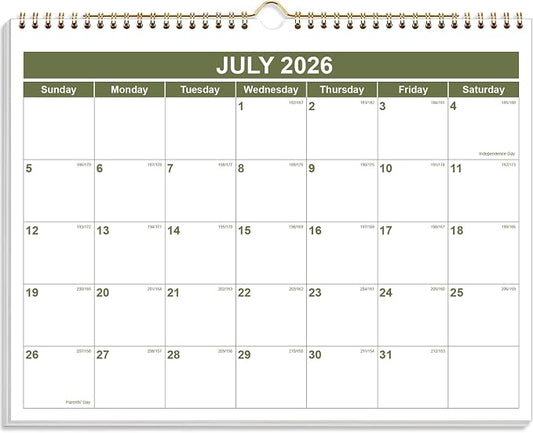 Calendar 2026-2027 - Wall Calendar 2026-2027 from July 2026 - December 2027, Spiral Binding Hanging Wall Calendar 2026 for Home/Office, 8.5" x 11", Green