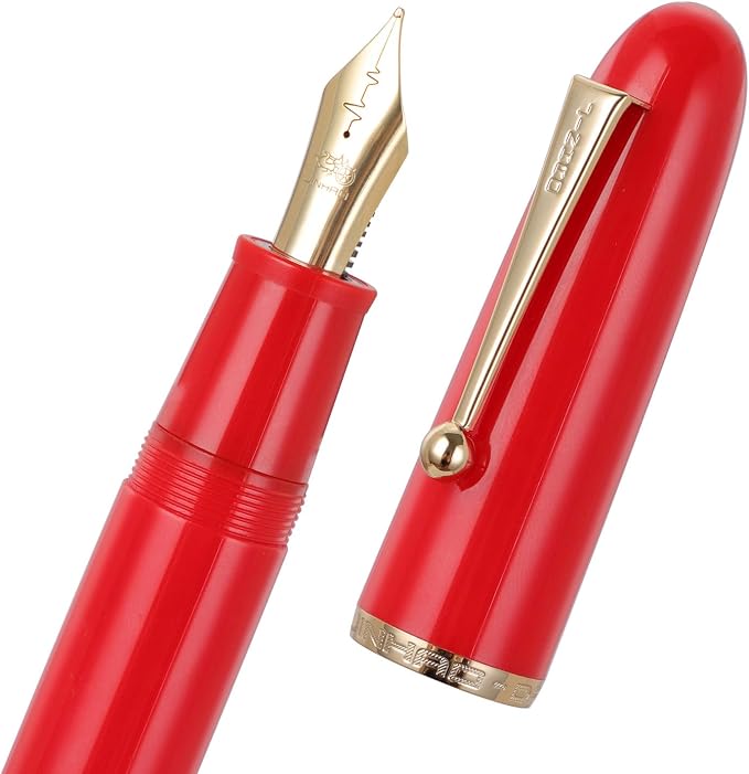 Jinhao 9019 DaDao Series Fountain Pen, Size 8 Medium Heartbeat Nib with Large Ink Converter, Bright Red Acrylic Design Smooth Writing Pen (Gold Trim)