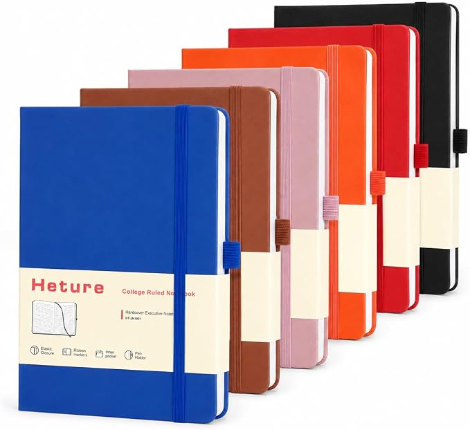 A5 Hardcover Journal Notebooks 6 Pack, Lined Notebook for Writing Work School, 100 GSM Thick Paper, 160 Pages, College Ruled Journal with Pen Holder, Inner Pocket, Ribbon Bookmark and Elastic Closure, 6 Colors