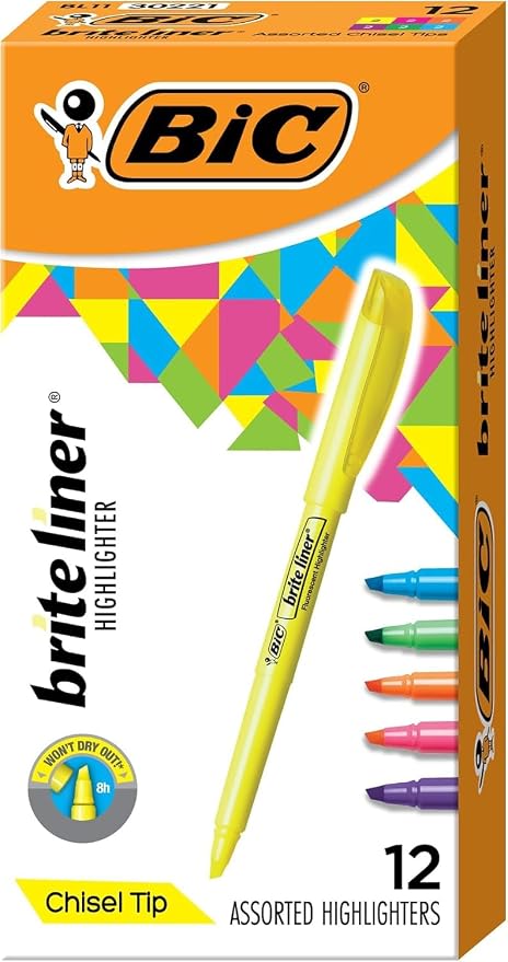 BIC Brite Liner Highlighters, Chisel Tip, School Supplies for Students and Teachers, Ideal for Notes and Textbooks, 12-Count Pack in Assorted Colors